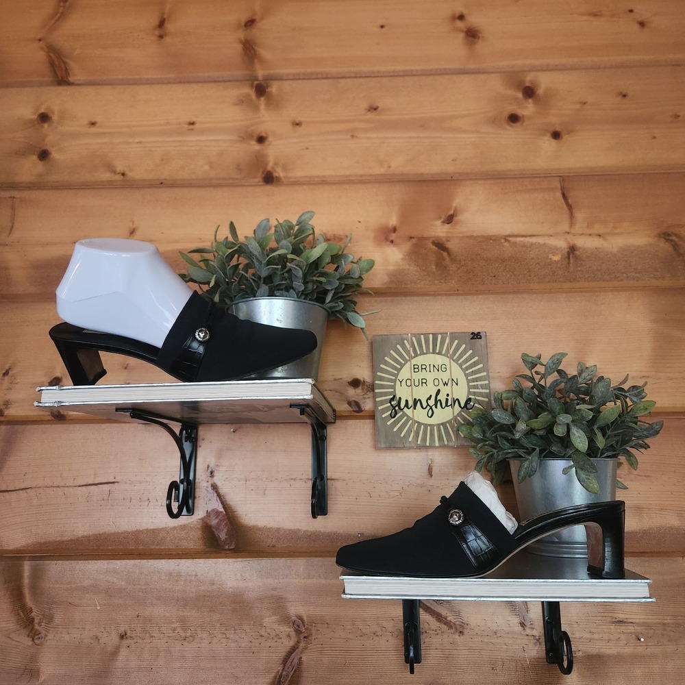Brighton Quest Heeled Mules Black Elastic Fabric Croc Leather Straps Size 7.5 M